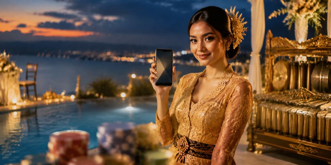 Pengguna memainkan casino app di tepi pantai