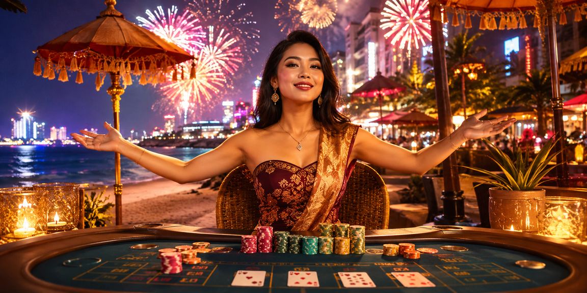 Meja baccarat neon malam hari dengan atmosfer kasino modern yang glamor