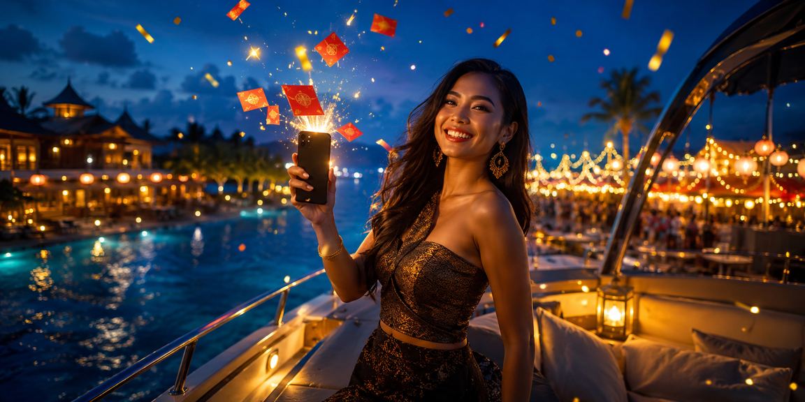 Amplop merah bonus di pasar malam Vietnam dengan lentera berwarna-warni