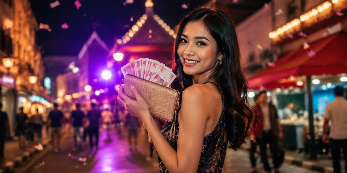 Ilustrasi bonus cashback di pasar malam Vietnam dengan cahaya lampu berwarna-warni